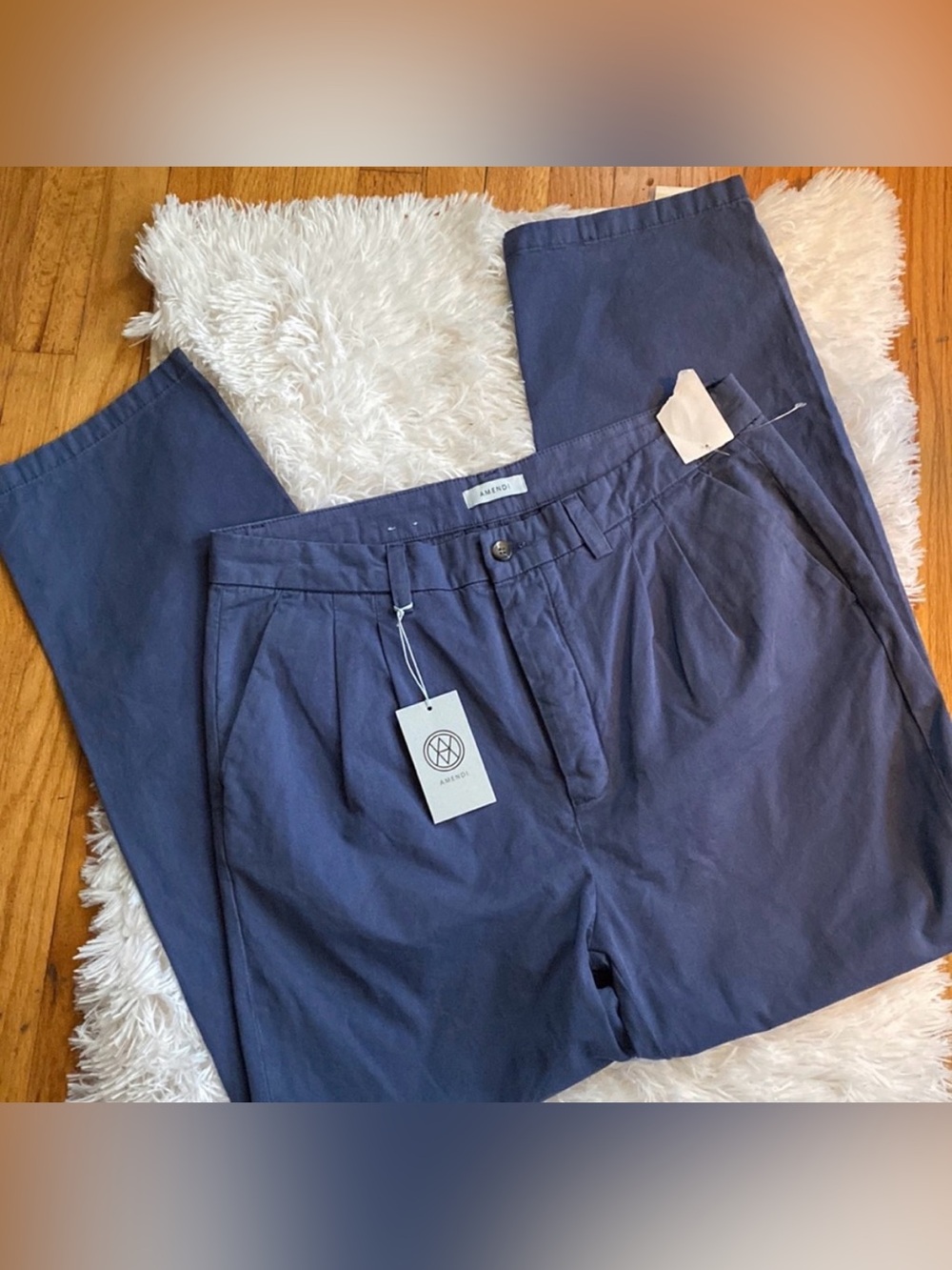 Men's Navy Pleated Cotton Chinos